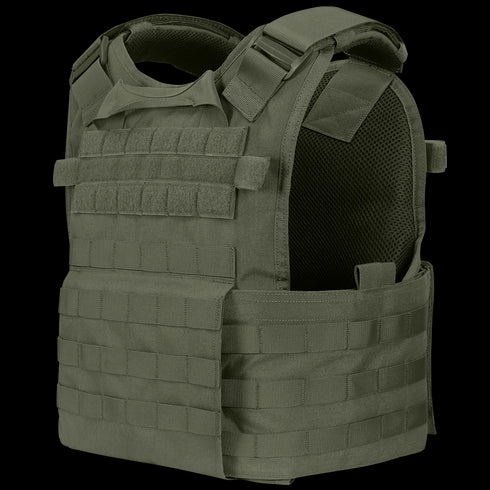 The Condor Modular Operator Plate Carrier Gen II is a tactical, military-style vest featuring adjustable straps and multiple rows of MOLLE webbing for versatile gear attachment.